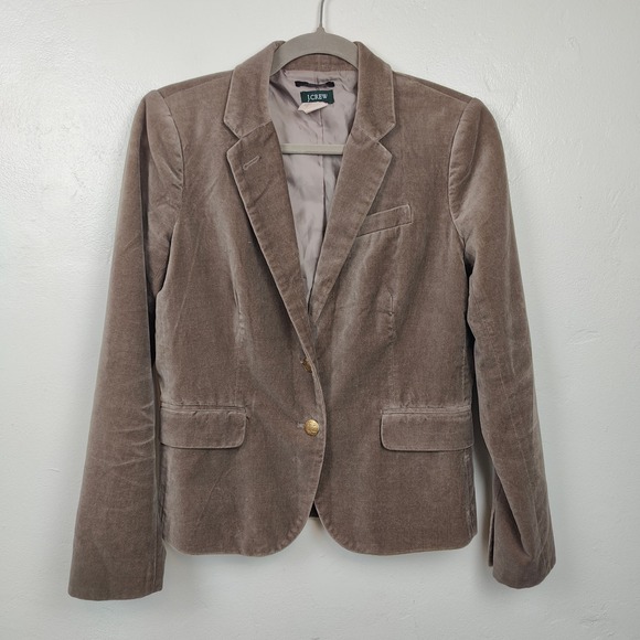 J.Crew Schoolboy Blazer Womens 2 Taupe Velvet Gold Button Dark Academia Preppy - Picture 2 of 8